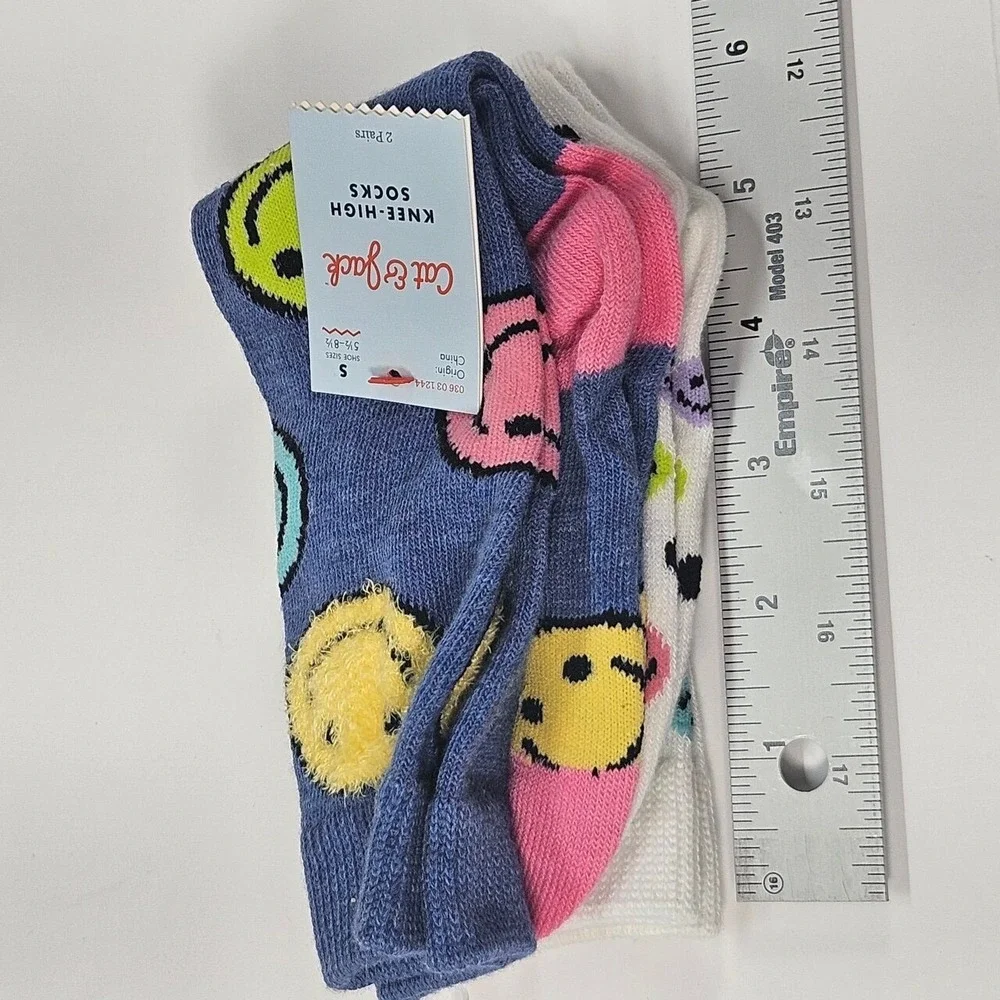 Cat & Jack Kids‎ Knee High Socks 2 Pairs Smiley Face Print Size S Shoe 5.5-8.5